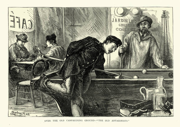 ilustraciones, imágenes clip art, dibujos animados e iconos de stock de hombres jugando al billar y a las cartas en el café francés, cue detrás del tiro de espalda, victoriano - snooker