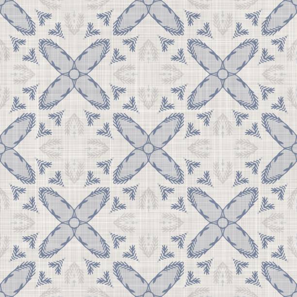 istock Seamless french farmhouse damask linen pattern. Provence blue white woven texture. Shabby chic style decorative fabric background. Textile rustic all over print 1300376142