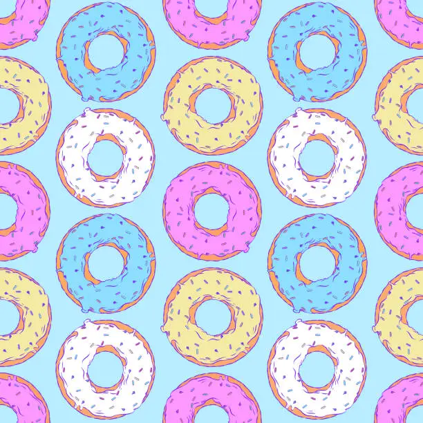 Vector illustration of Drawn vector seamless illustration - Donuts with fondant and sprinkles.