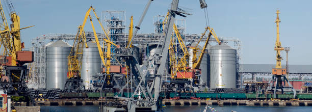 istock Port panorama, harbor cranes and granaries in the cargo seaport 1300378416