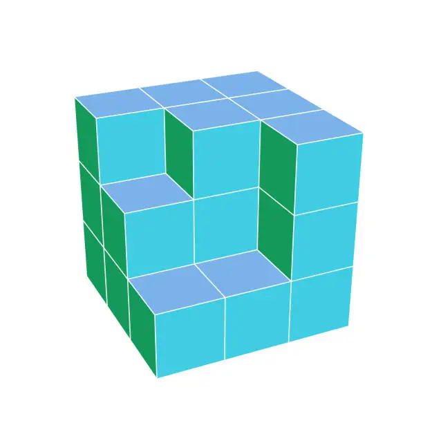 Vector illustration of 3D render of 3x3x3 = 22 solid cubes with different colored faces, forming wall shape. With perspective.