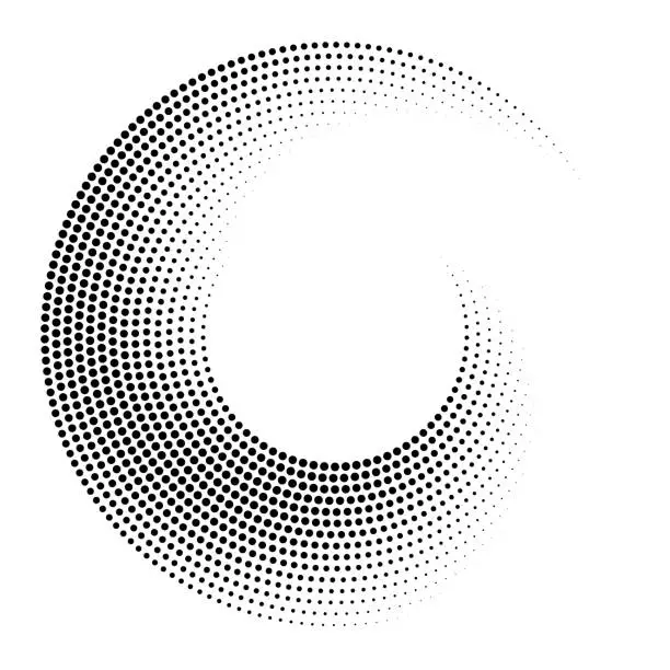 Vector illustration of Swirl shape made of circular pattern of dots fading using size. Multiple orbits.