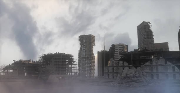 zniszczone postapokaliptyczne miasto po wojnie i trzęsieniu ziemi render 3d - bombing city earthquake disaster zdjęcia i obrazy z banku zdjęć