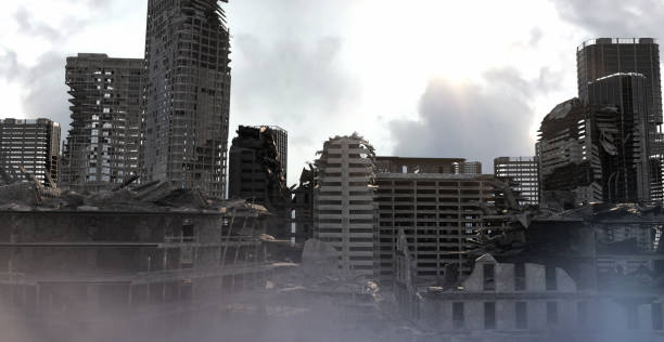 戦争と地震のレンダリング3d後に破壊されたポスト黙示録都市 - bombing city earthquake disaster ストックフォトと画像