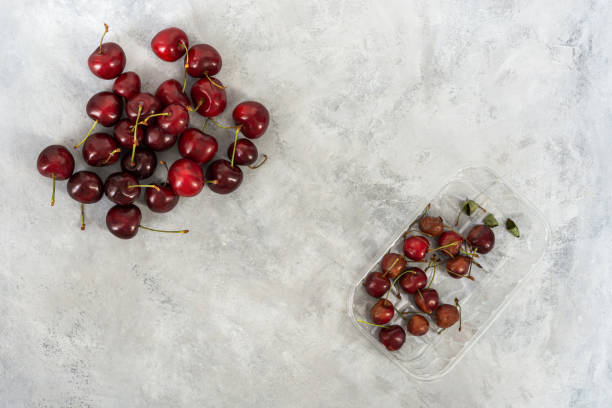 istock Good and bad cherries on a gray background of the table. 1300390086