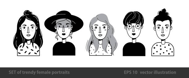 Set of feamle portraits. Trendy fashionable characters in outline doodle style. Set of feamle portraits. Trendy fashionable characters in outline doodle style. Black and white vector illustration. Different avatars of women black and white woman stock illustrations