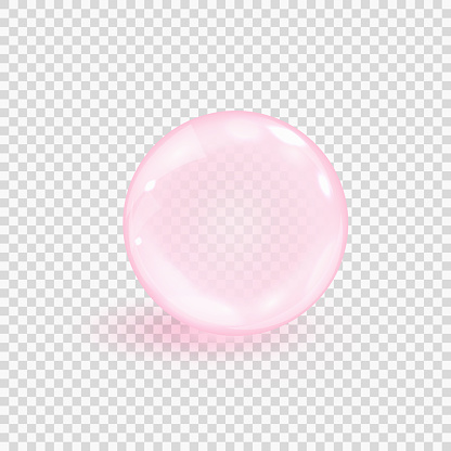 Pink collagen bubble isolated on transparent background. Realistic water serum droplet. Vector illustration of glass surface ball or rain drop.