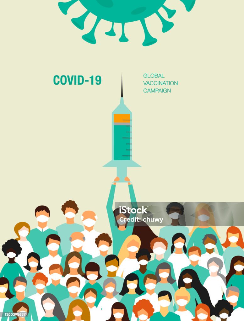Covid-19 vaccination campaign Multiethnic group of healthcare professionals holding the vaccine for Coronavirus Vaccination stock vector