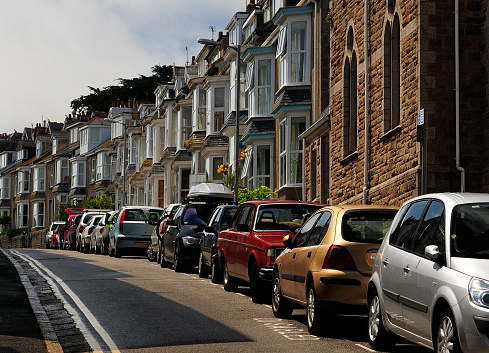 Cars Parking In Front Of Charming Row Houses At Bedford Road St Ives Cornwall England