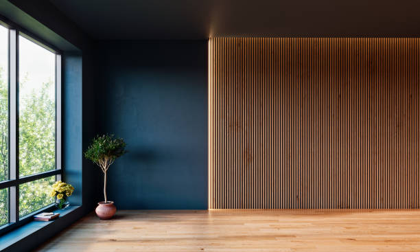 diseño interior moderno maqueta con paredes oscuras y panel de listones verticales, renderizado 3d, ilustración 3d - madera material de construcción fotografías e imágenes de stock