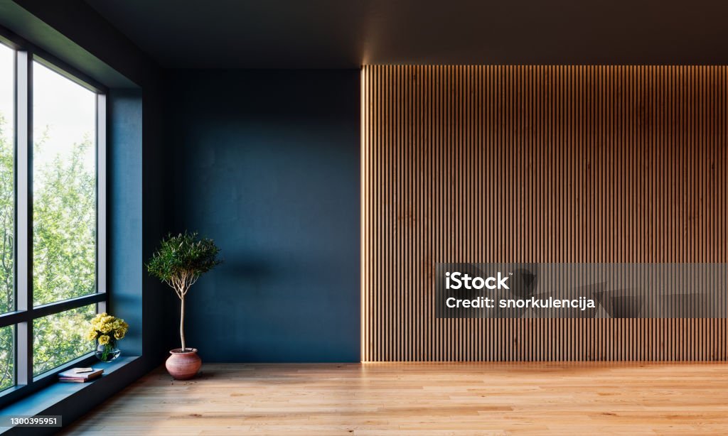 Modern interior design mock up with dark walls and vertical slats panel, 3D Render, 3D Illustration Wall - Building Feature Stock Photo