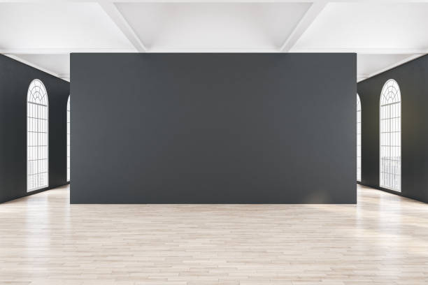 istock Minimalistic concrete gallery interior with blank gray wall 1300398209