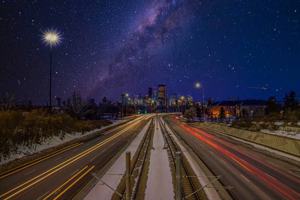 istock Light Trails Illuminating Downtown Calgary Roads At Night 1300398962