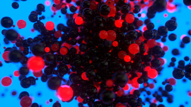 istock Abstract blue background with dynamic 3d render spheres. Plastic pastel black and red bubbles. Illustration of glossy balls. Modern trendy banner or poster design. Iridescent luminous  glow 1300403919
