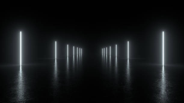 istock Futuristic Sci Fi Triangle White Neon Tube Lights Glowing In Concrete Floor Room With Reflections Empty Space. Alien, Spaceship, Future, Arch. 3D Rendering Illustration 1300404080
