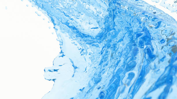 istock Blue water flow colored splashing isolated abstract on white background. Realistic splashes, aqua drops, liquid waves. 3D render illustration 1300404091