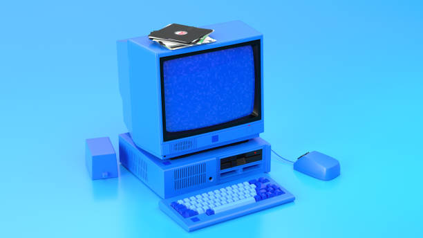 istock Old-fashioned personal computer in retro 80s style. Blue Laptop. 3d render illustration:monitor, system unit, keyboard, mouse. Cute and pastel colors. Modern trendy design. 1300404123