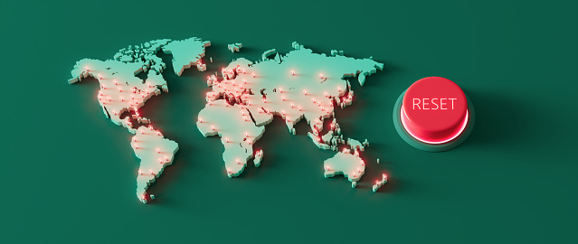World map with global reset button 3d render 3d illustration