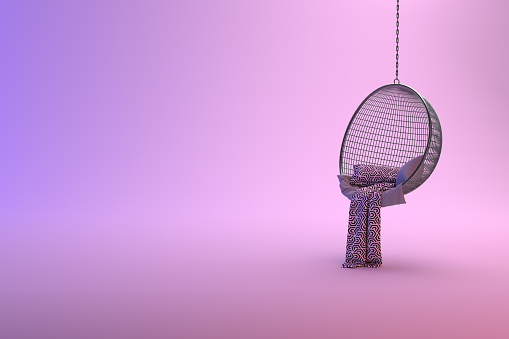 3d illustration of swing chair in studio. Modern render of hanging metal chair.