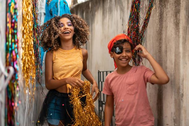 Children playing carnival at home Carnival during the pandemic in Brazil carnival children stock pictures, royalty-free photos & images