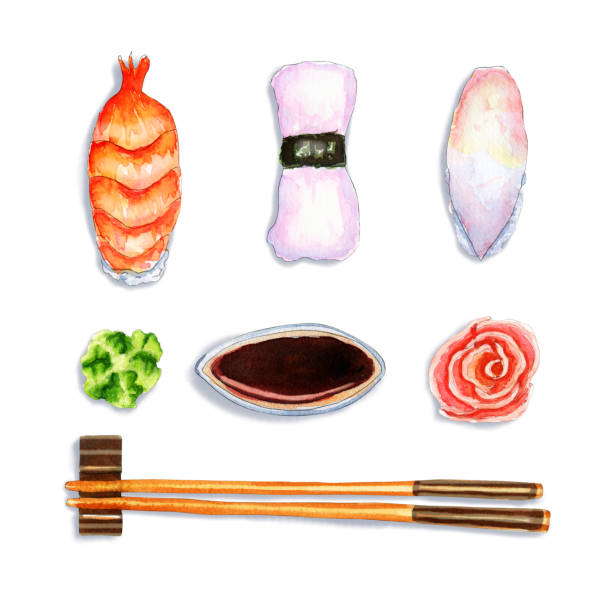 istock Watercolor composition of traditional Japanese nigiri sushi 1300411102
