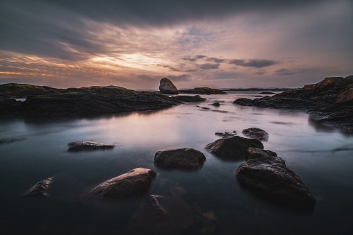 The coastline at sunset in Victoria, BC.