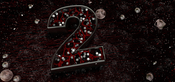 Number 2 in thick letters with organic red structure and white balls inside on a black stone background with texture of red lines and glass spheres. 3D Illustration