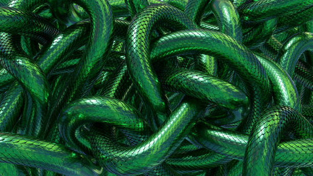 verwirrte schlangen mit grünen metallschuppen. fantasy-hintergrund. 3d-renderbild. - chrome metal tied knot twisted stock-fotos und bilder