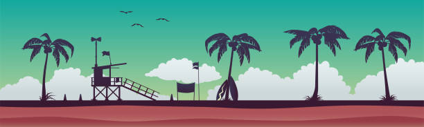 rettungswache am strand bei sonnenuntergang. vektor-illustration mit einer tropischen landschaft. vektor-illustration eps 10. - lifeguard orange nature beach stock-grafiken, -clipart, -cartoons und -symbole