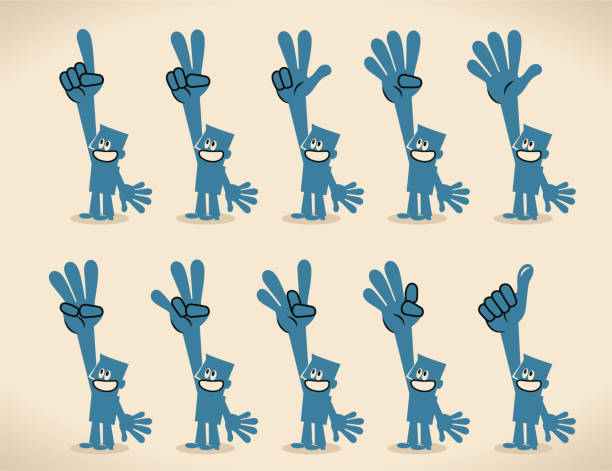 ilustraciones, imágenes clip art, dibujos animados e iconos de stock de el hombre azul está contando de 1 a 10 en sus dedos en el lenguaje de señas americano - assistance ok sign ok help
