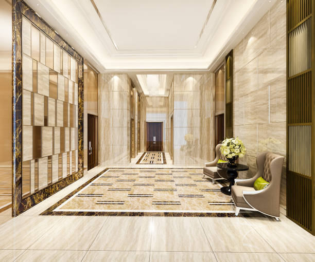 istock 3d rendering luxury lobby with armchair near corridor 1300421417