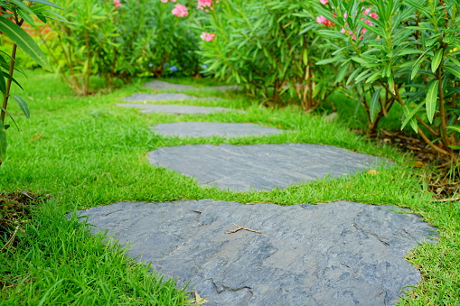 A walkway through garden made of neatly arranged stone tiles and a gravel