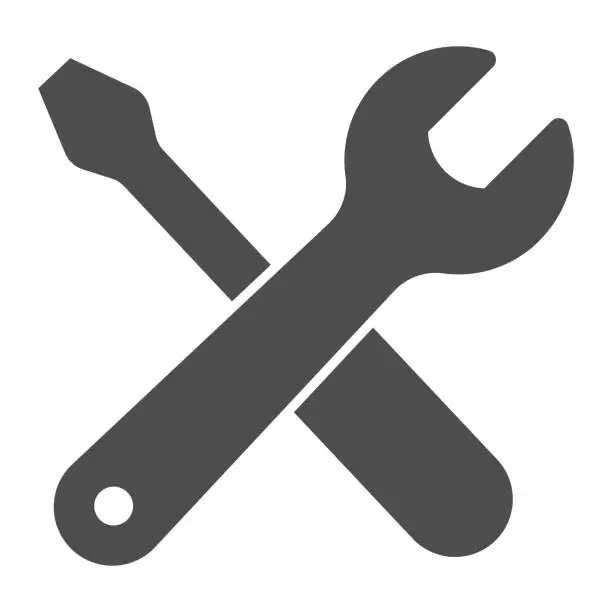 Vector illustration of Wrench and screwdriver solid icon, labour day concept, repair equipment sign on white background, screwdriver and wrench icon in glyph style for mobile and web design. Vector graphics.