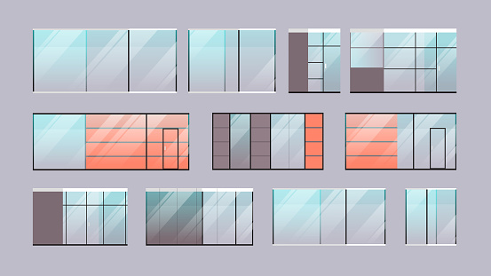 set office glass windows collection horizontal vector illustration