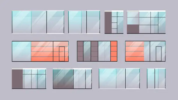 Vector illustration of set office glass windows collection horizontal vector illustration