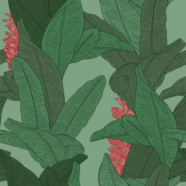 Vector illustration of Martinique Inspired Seamless Banana Leaf Pattern Wallpaper