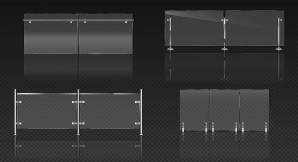 illustrazioni stock, clip art, cartoni animati e icone di tendenza di sezione recinzione in vetro, set balaustra in plexiglass - parapetto