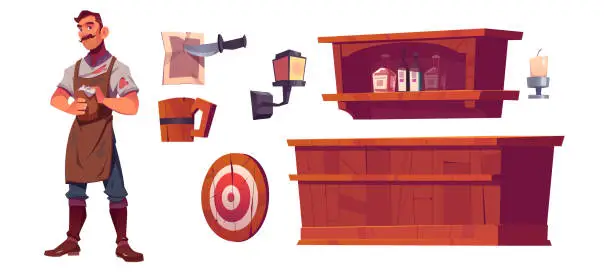 Vector illustration of Bartender and old tavern interior set