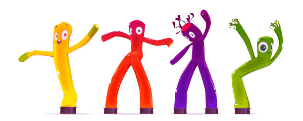 Dancing inflatable tube men, air dancers Inflatable tube men, dancing and waving arm advertising characters. Vector cartoon set of air dancers, funny mascot with blowing wind for promotion and attraction isolated on white background dance moves cartoons stock illustrations