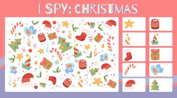 I spy game. Educational entertainment for preschool and younger school age. Christmas holiday. Winter entertainment. Flat cartoon style. I spy game. Educational entertainment for preschool and younger school age. Christmas holiday. Winter entertainment. Flat cartoon style. How many items. Counting objects. spy games stock illustrations