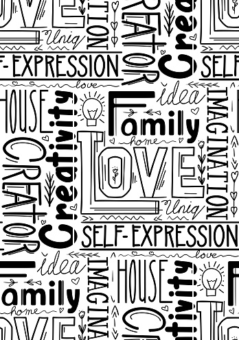 Seamless pattern witn lettering composition of different words. Human life values. Family, love and inspiration. Creativity and imagination. Vector black and white texture with decoration