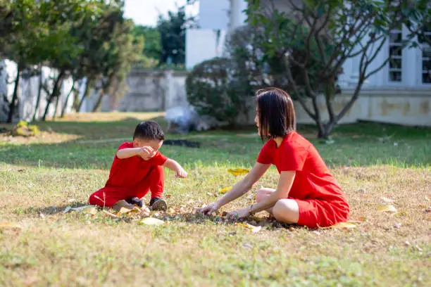Chinese New Year Boy and mommy play leaf