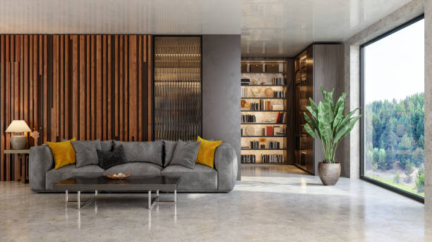 Luxurious Living Room Interior With Sofa And Bookshelf. Garden View From The Window. Luxurious Living Room Interior With Sofa And Bookshelf. Garden View From The Window. hotel suite photos stock pictures, royalty-free photos & images