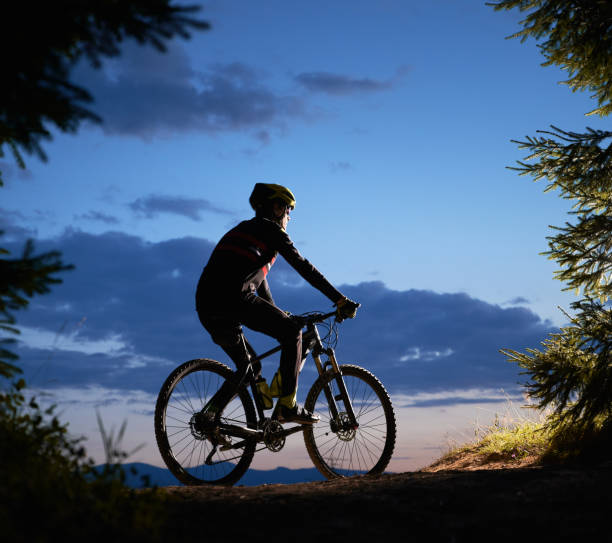 istock Male cyclist sitting on bicycle under beautiful night sky. 1300436032