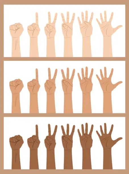Vector illustration of Multi-Ethnic hands counting from zero to five on fingers in sign language