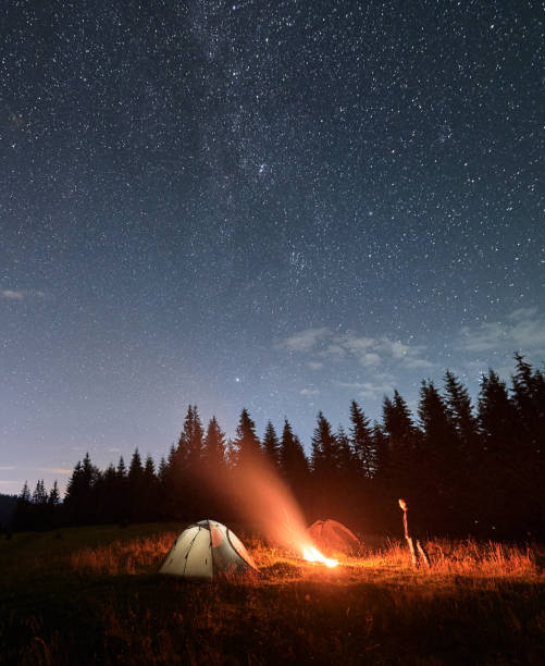 istock Hiker standing near campfire under night starry sky. 1300436941