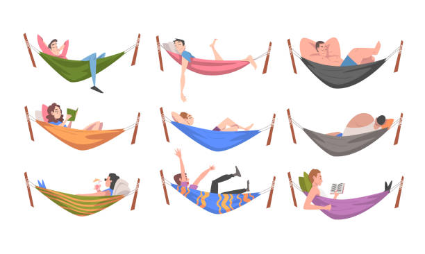 ilustrações de stock, clip art, desenhos animados e ícones de people characters resting in hammock reading book and sleeping vector illustration set - hammock