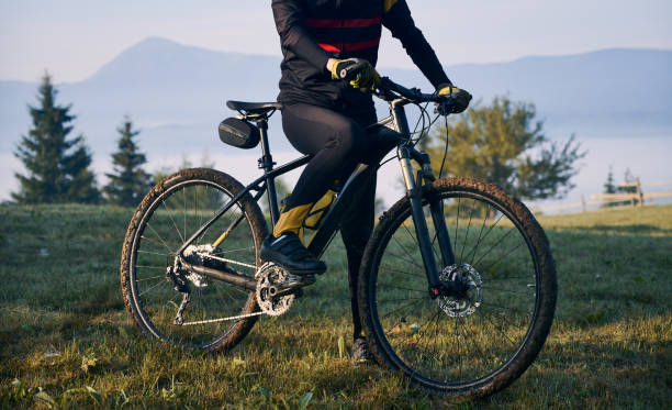 istock Male cyclist riding bicycle in mountains. 1300438638