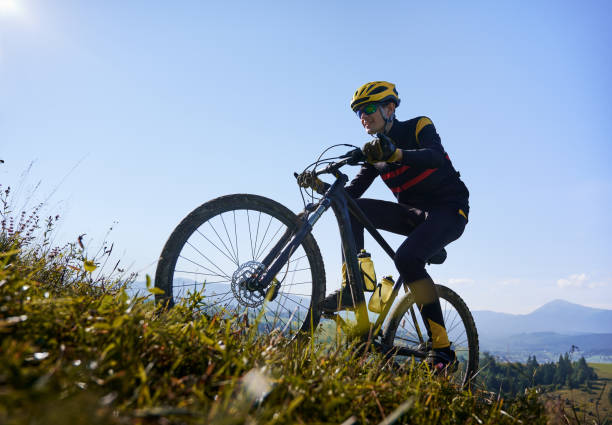 istock Joyful male cyclist riding bicycle uphill under blue sky. 1300438702