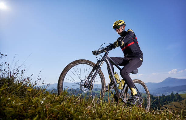 istock Joyful male cyclist riding bicycle uphill under blue sky. 1300438711